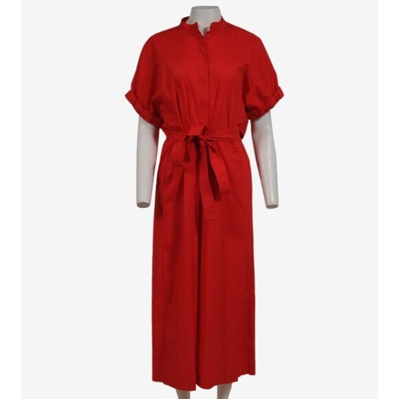 Meimeij Womens Cutout Elastic Jumpsuit IT 44 Red Cotton Belted Tie Front Dress